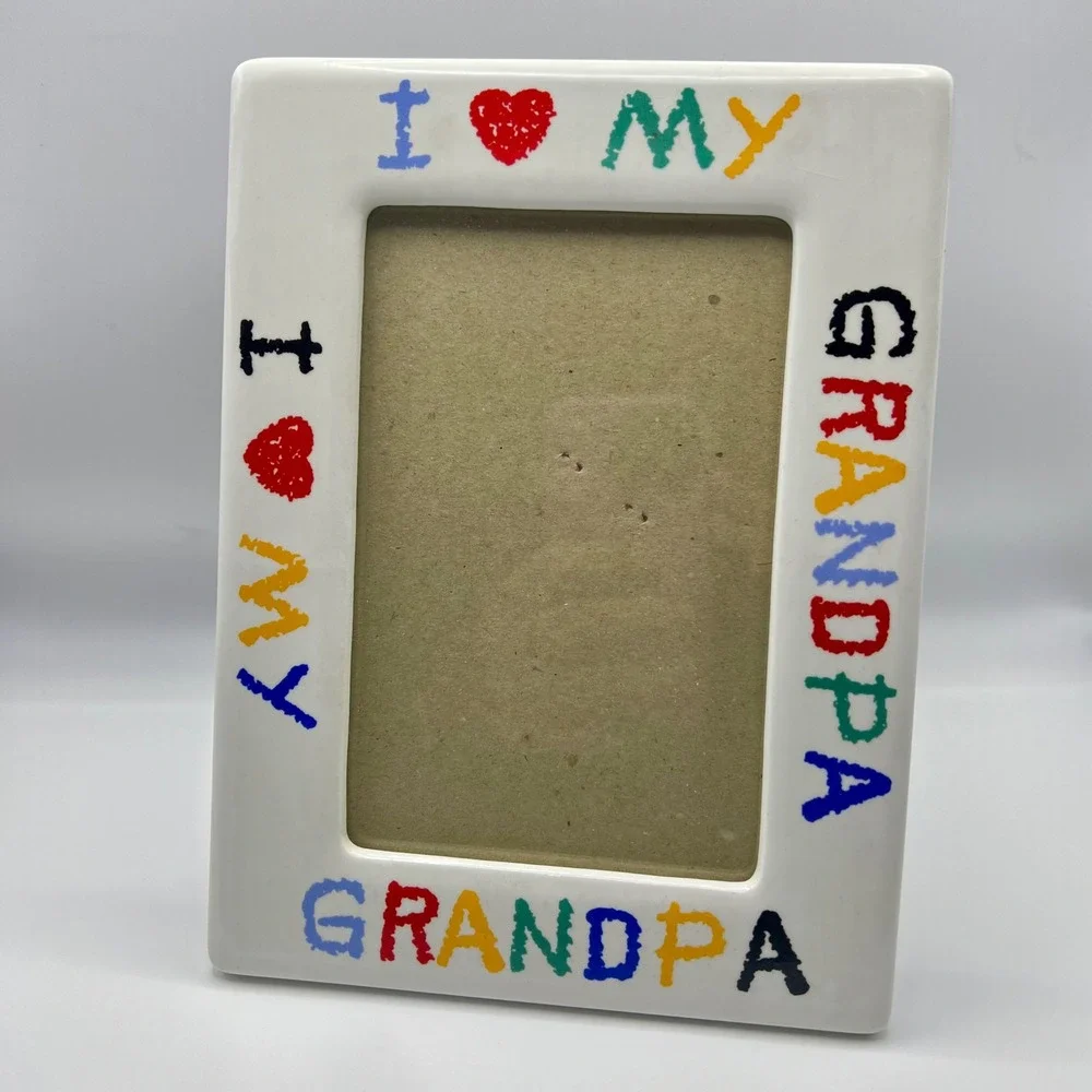 I Love My Grandpa White Ceramic Picture Frame Colorful Crayon Font 6x8 Vintage